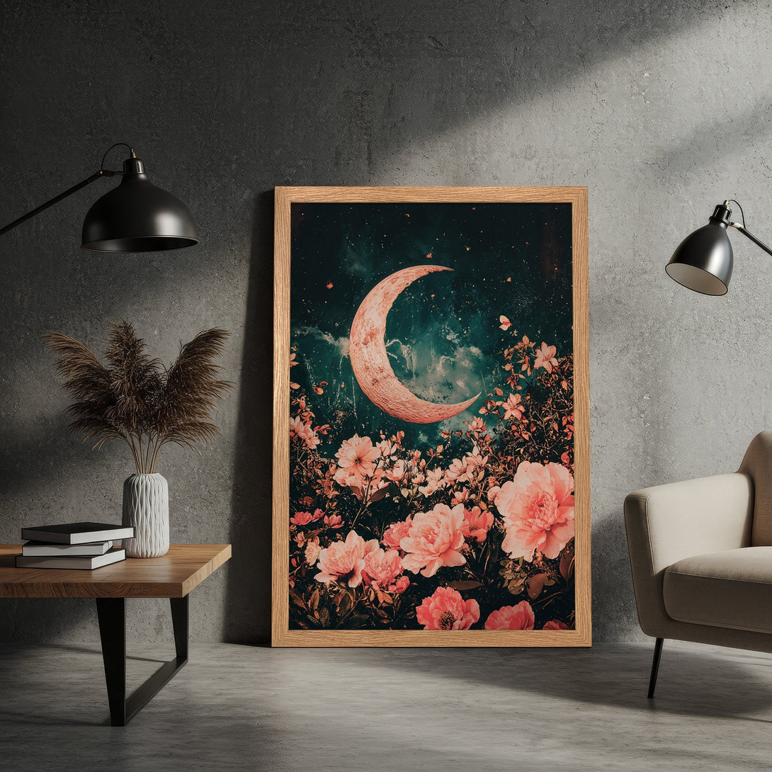 Framed Poster featuring a dreamy moon and floral scene. Romantic style with a dark teal, pink, and neutral color palette. Perfect wall art.