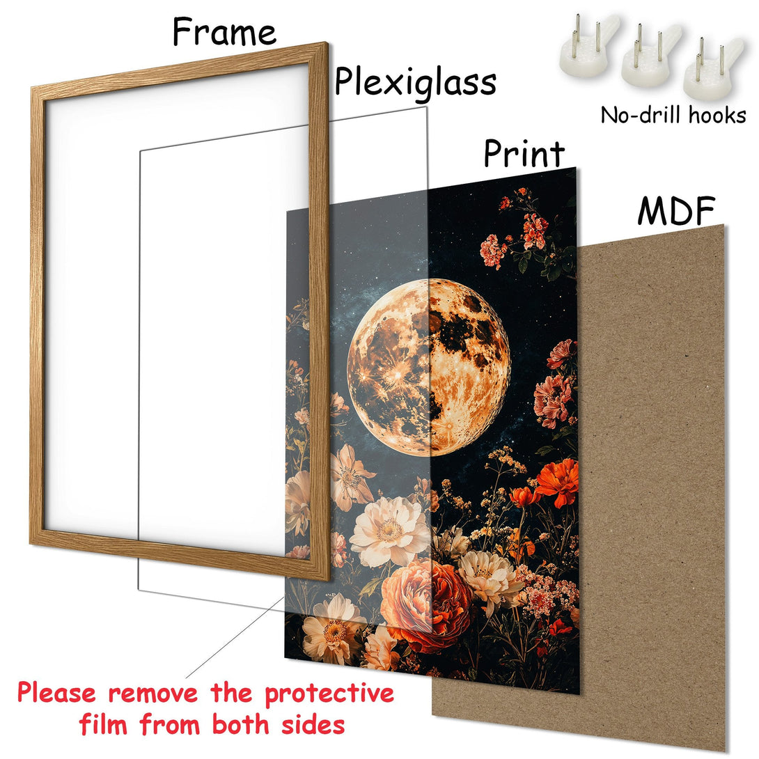 Framed Poster featuring a celestial floral design with a warm, earthy color palette. Perfect for adding a touch of nature to your space!