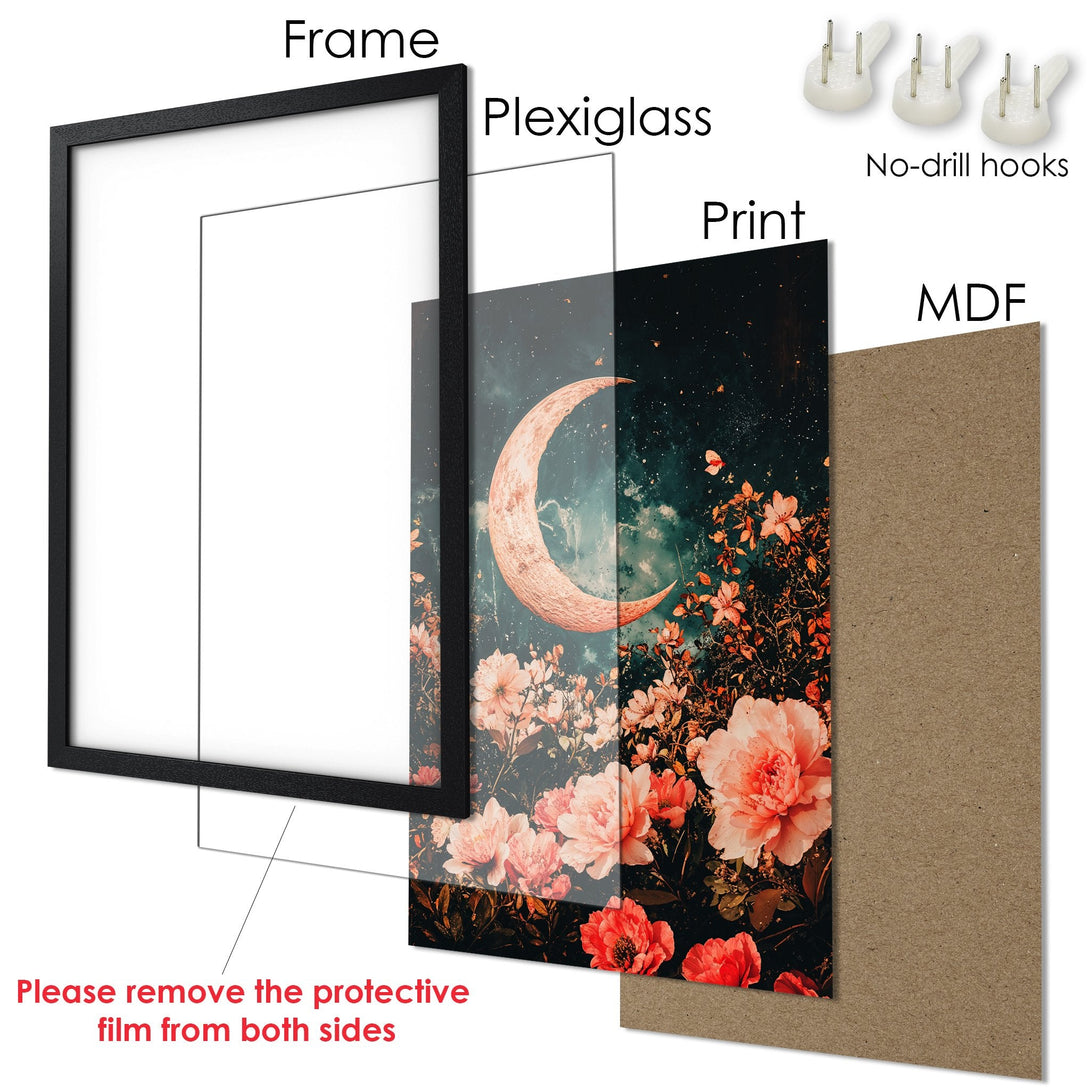 Framed Poster featuring a celestial floral design in a dreamy, teal and coral color palette. Ready to hang!