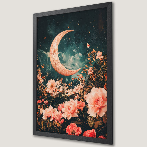 Framed Poster featuring a dreamy moon and floral design, in a vintage style with a warm color palette. Perfect wall art!