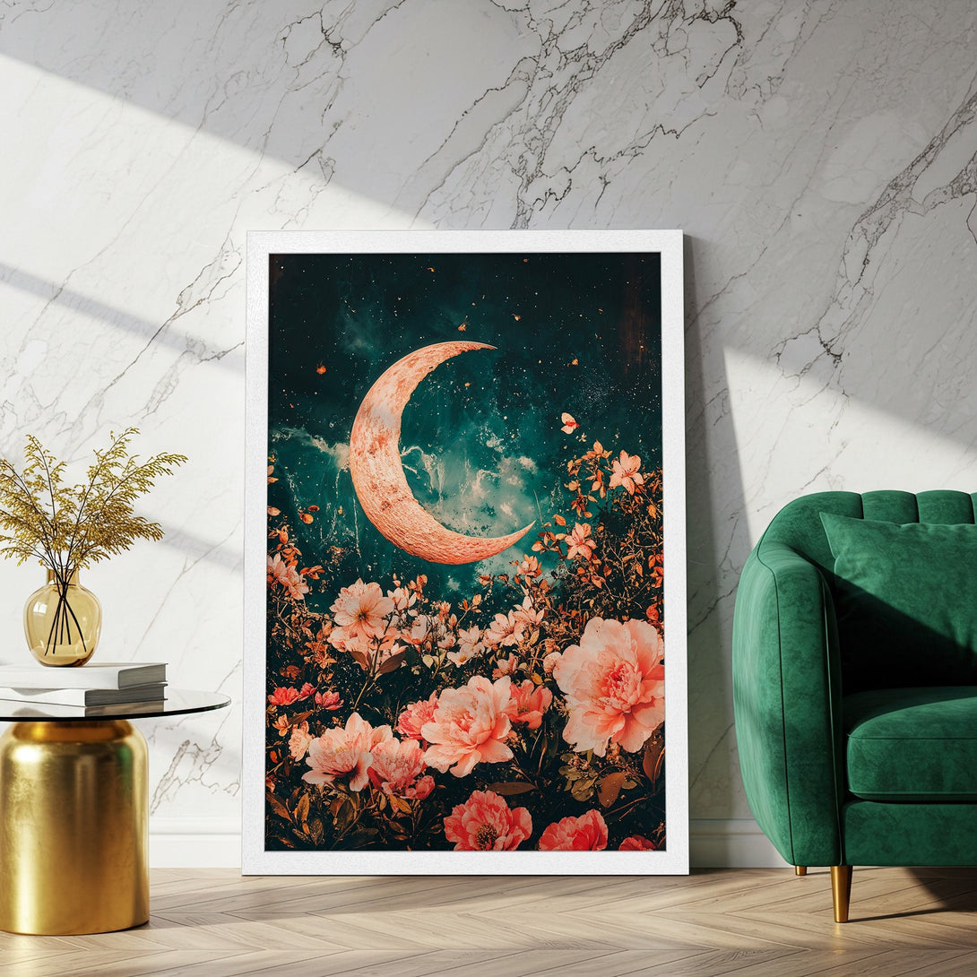 Framed Poster featuring a dreamy crescent moon and floral design in a vintage style with a teal and peach color palette.