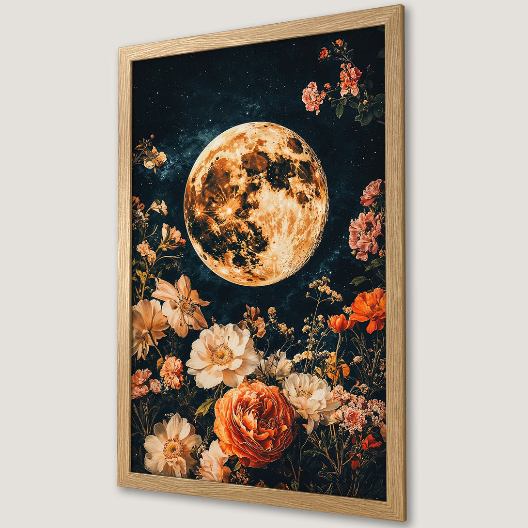 Framed Poster featuring a celestial moon and floral design. Vintage style with a warm, earthy color palette. Perfect wall art!