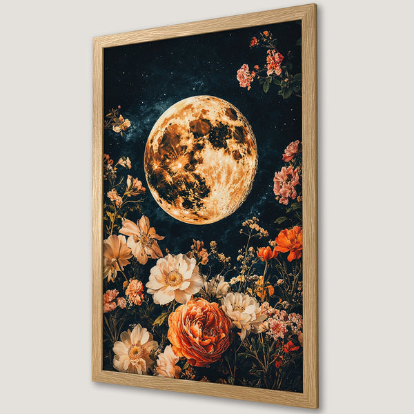 Framed Poster featuring a celestial moon and floral design. Vintage style with a warm, earthy color palette. Perfect wall art!