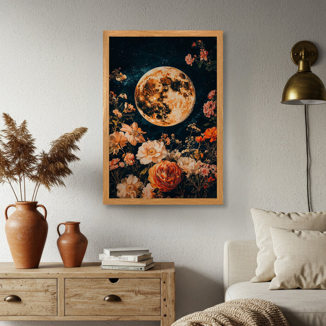 Framed Poster featuring a celestial moon and floral design in a warm, earthy color palette. Perfect wall art for any space!
