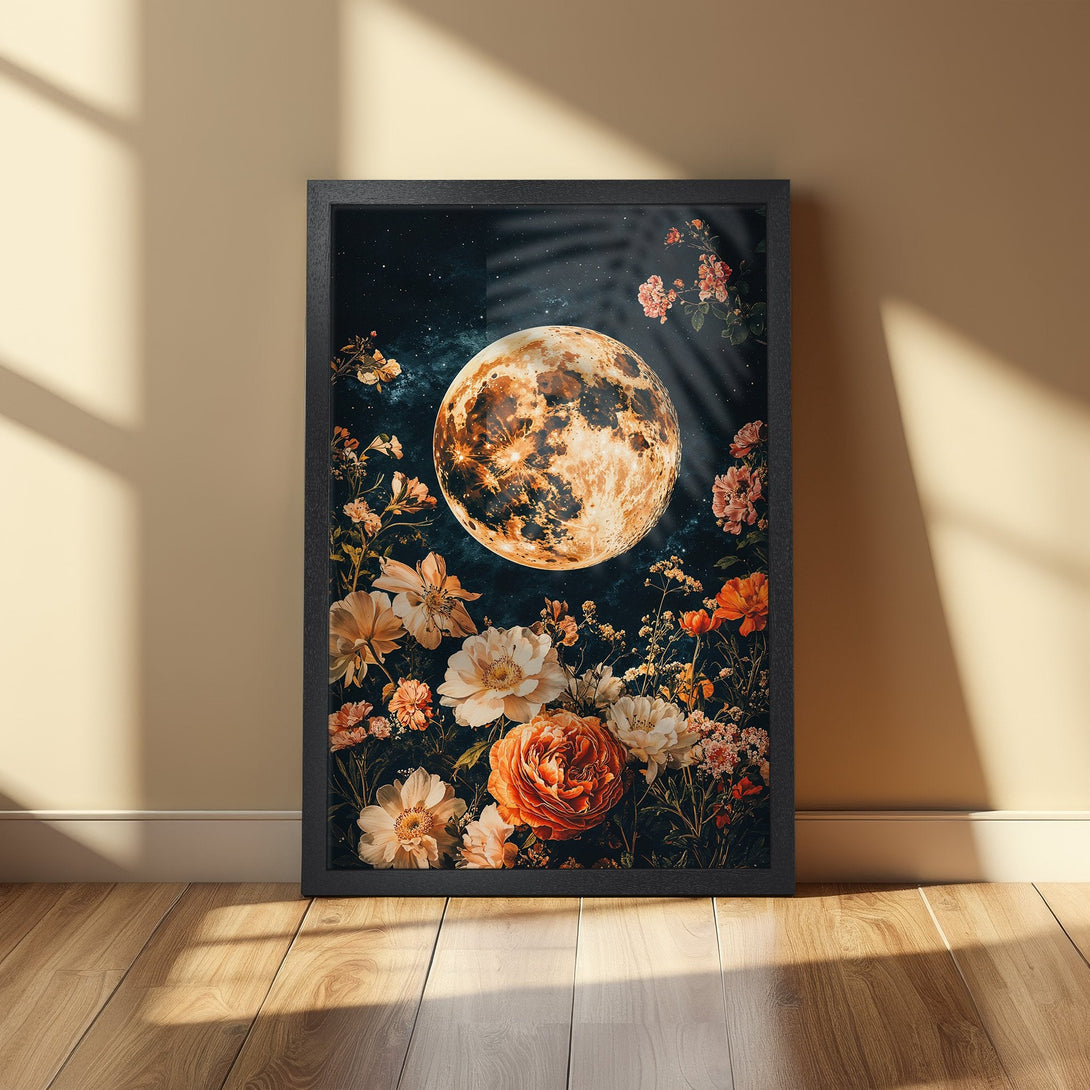 Framed Poster featuring a celestial moon and floral design. Dark, moody aesthetic with warm orange and cream tones. Perfect wall art!