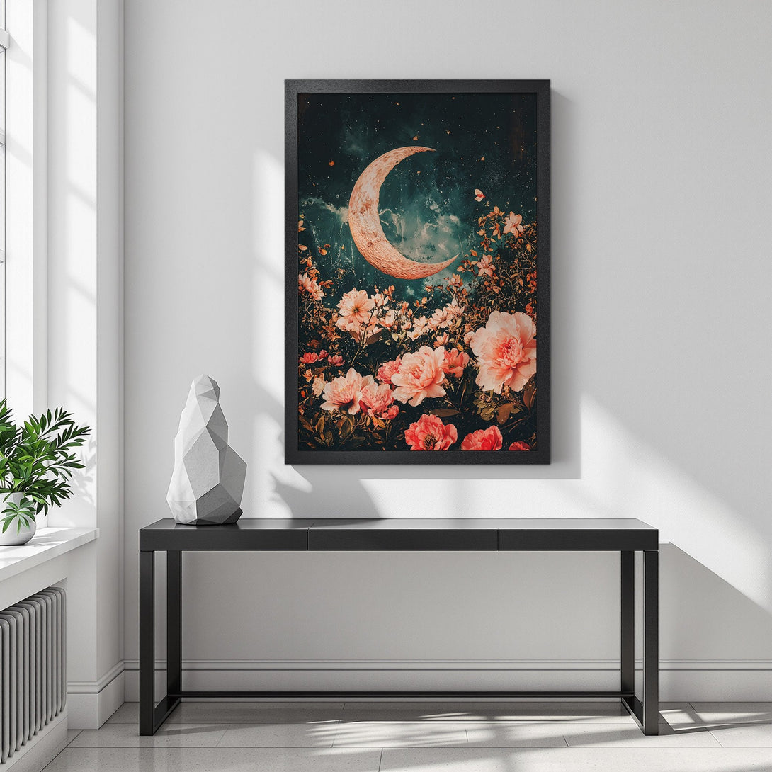 Framed Poster featuring a dreamy moon and floral design. Romantic art print with a warm, vintage color palette. Perfect wall decor.