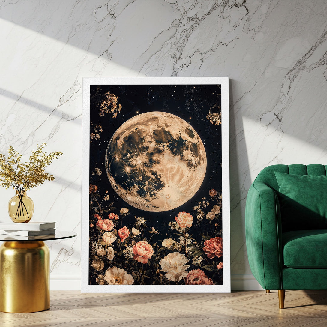 Framed Poster featuring a celestial moon and floral design in a dark, moody style with a warm color palette. Perfect wall art!