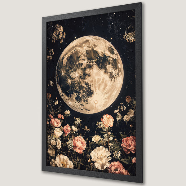Framed Poster: Moon and floral art print in vintage style, featuring a dark color palette with peach and cream tones. Perfect wall decor!