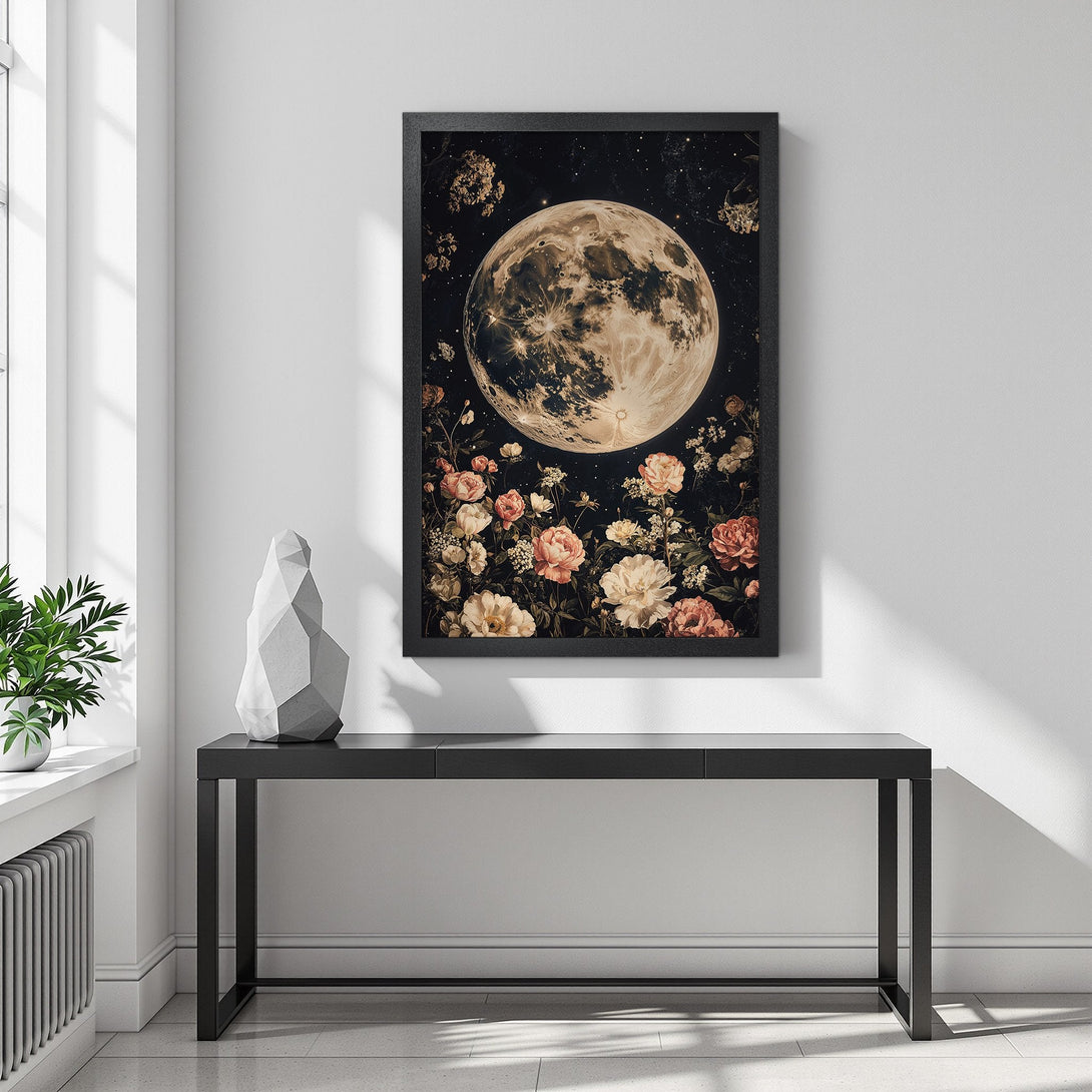 Framed Poster featuring a celestial moon and floral design in a vintage style with a dark, moody color palette. Perfect wall art!