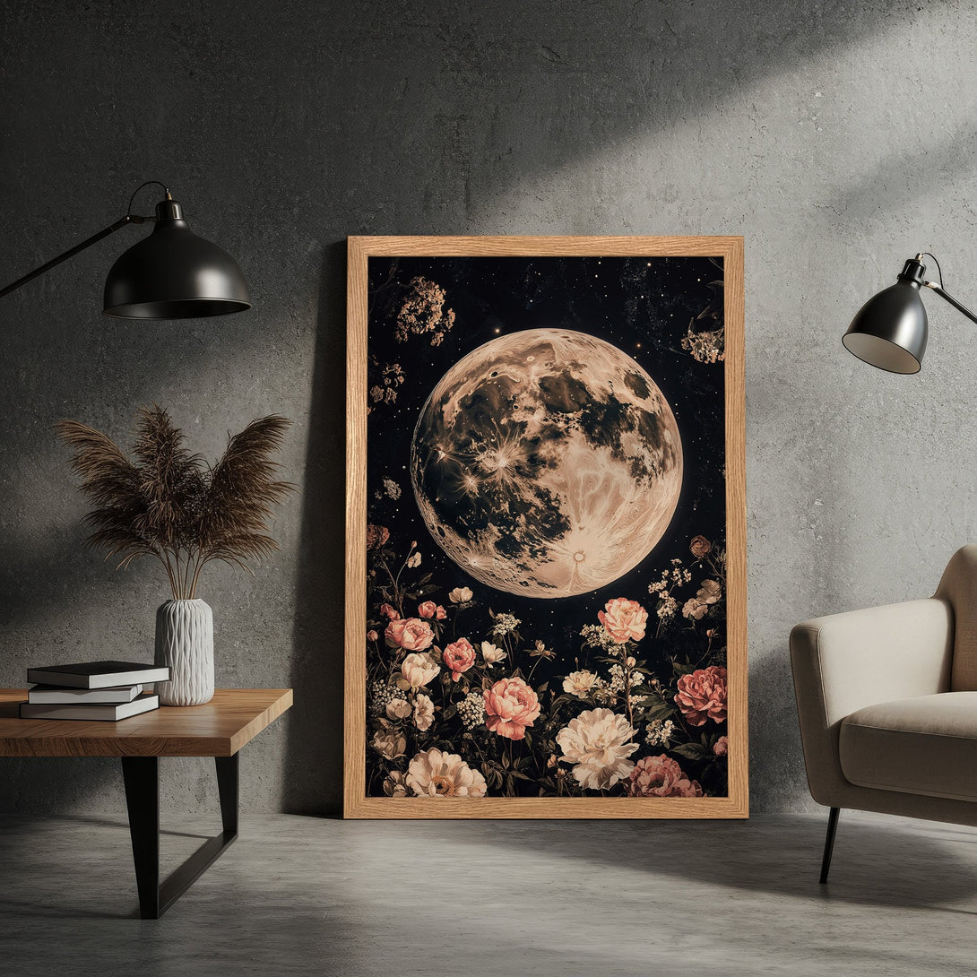 Framed Poster featuring a vintage-style moon and floral design in a muted, romantic color palette. Perfect for adding a touch of celestial beauty!