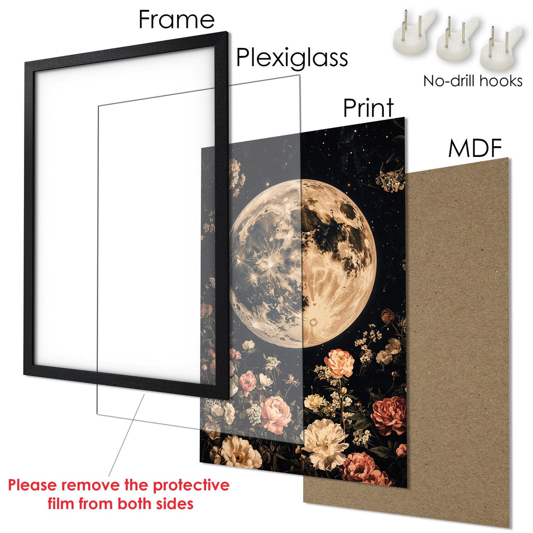 Framed Poster featuring a celestial moon and floral design in a dark, vintage style with a warm color palette. Perfect wall art!