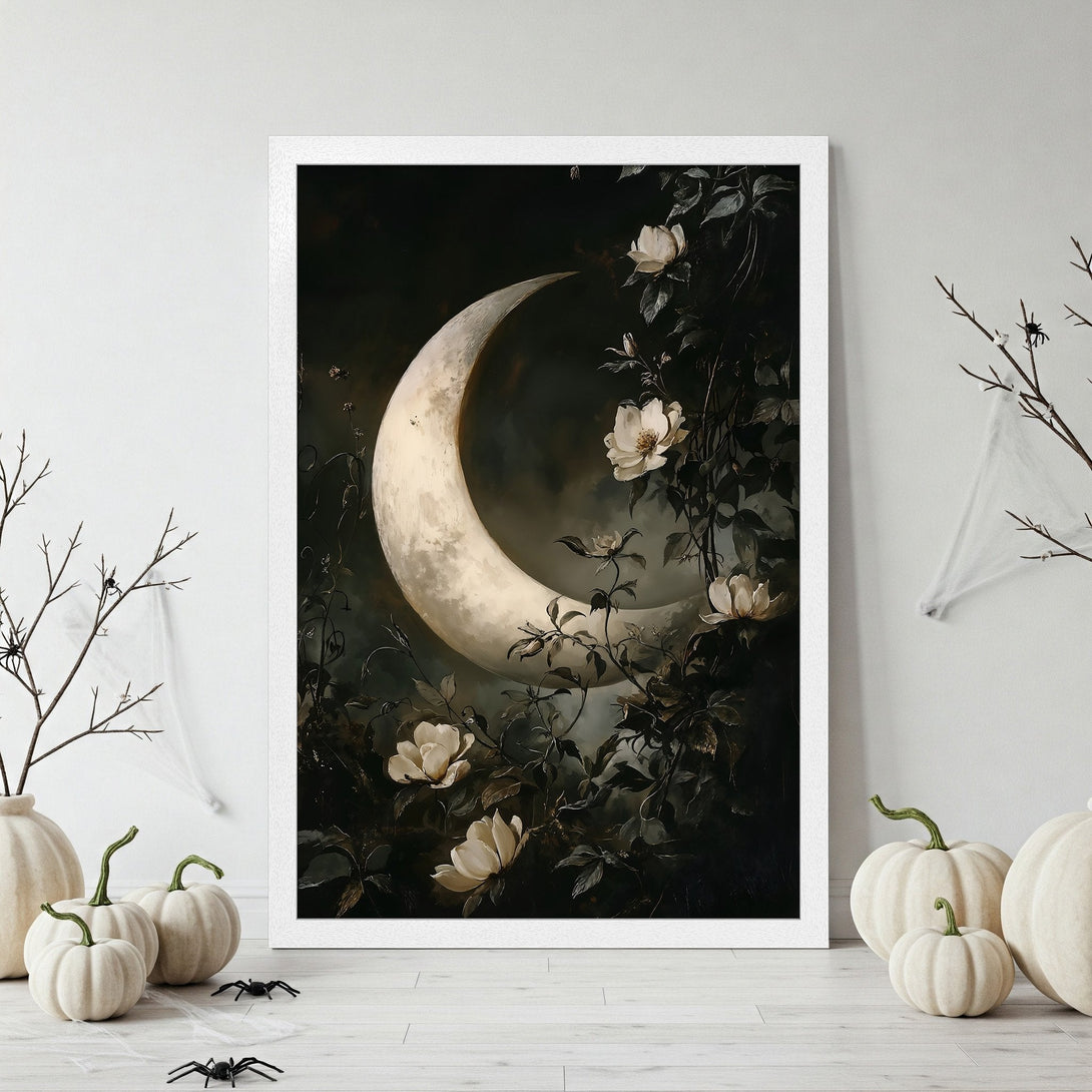 Framed Poster featuring a black raven on a fence, painted in a moody, abstract style with a neutral and teal color palette. Perfect for Halloween!