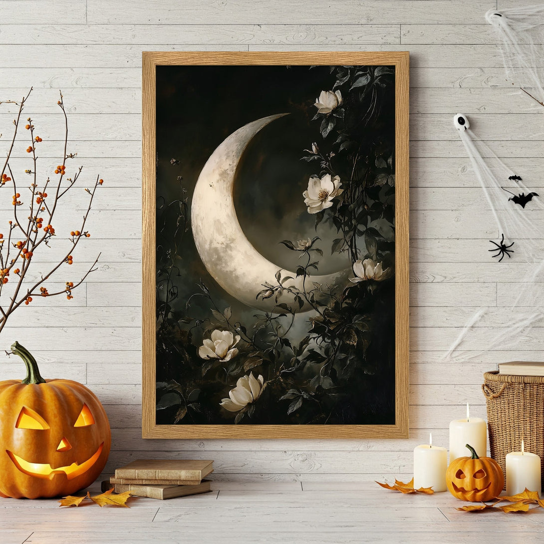 Framed Poster featuring a black raven on a gate, in a moody, watercolor style with a dark, cool color palette. Perfect Halloween decor!