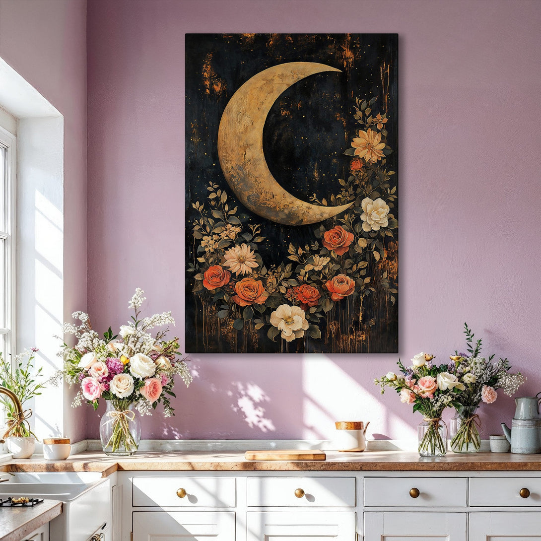 Framed Wall Art featuring a celestial crescent moon with floral accents, in a dark, moody color palette. Perfect for adding a touch of elegance to any space.