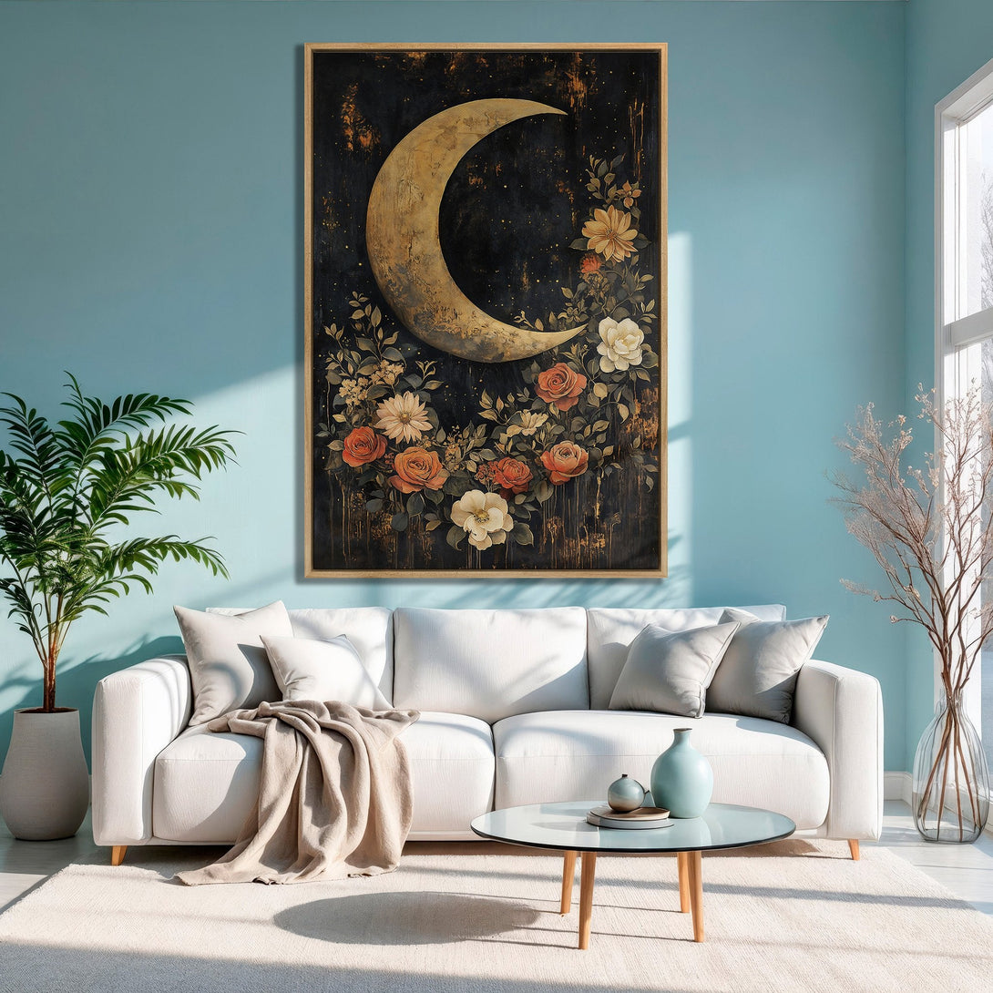 Framed Wall Art: Celestial moon and floral design in a dark, moody style. Warm color palette. Perfect for adding a touch of elegance to your space.