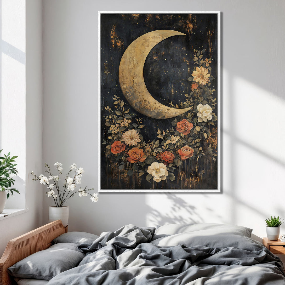 Framed Wall Art: Celestial moon & floral design in a dark, moody palette. Perfect bedroom decor. Add a touch of elegance with this stunning canvas print.