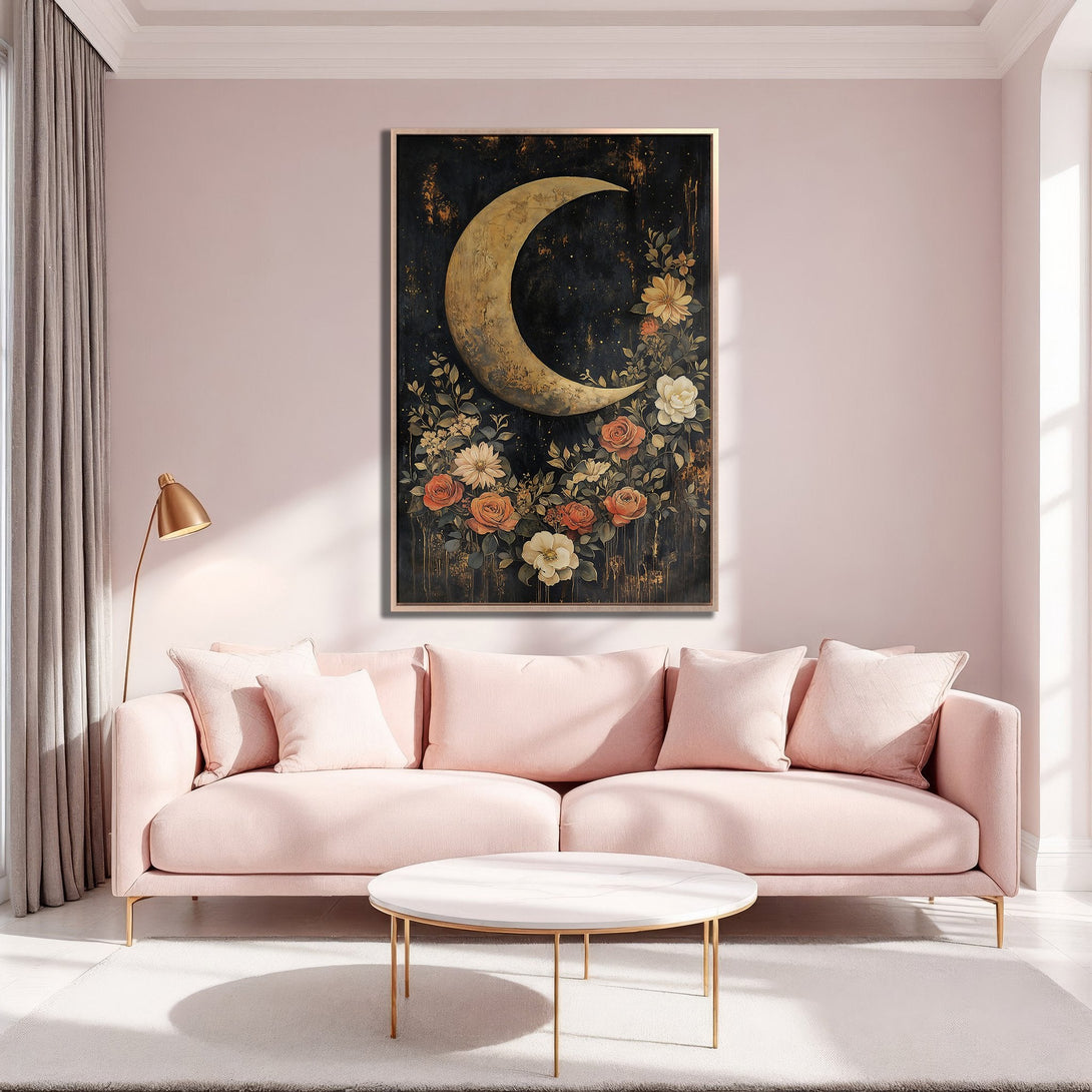 Framed Wall Art featuring a celestial moon and floral design in a dark, moody style with a warm, neutral color palette. Perfect for adding a touch of elegance.