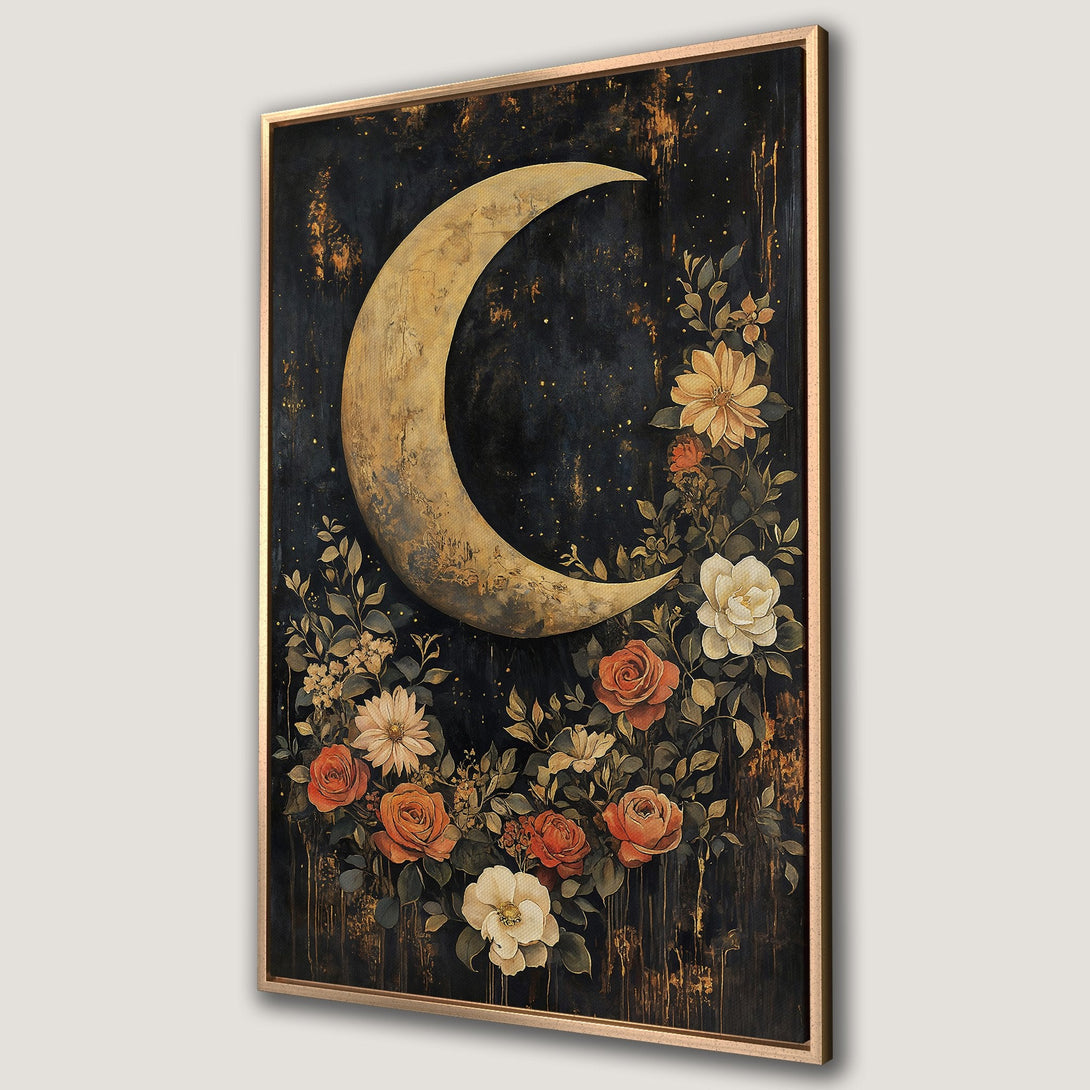 Framed Wall Art featuring a crescent moon and floral arrangement in a vintage style, with a dark, moody color palette of gold, black, and orange.