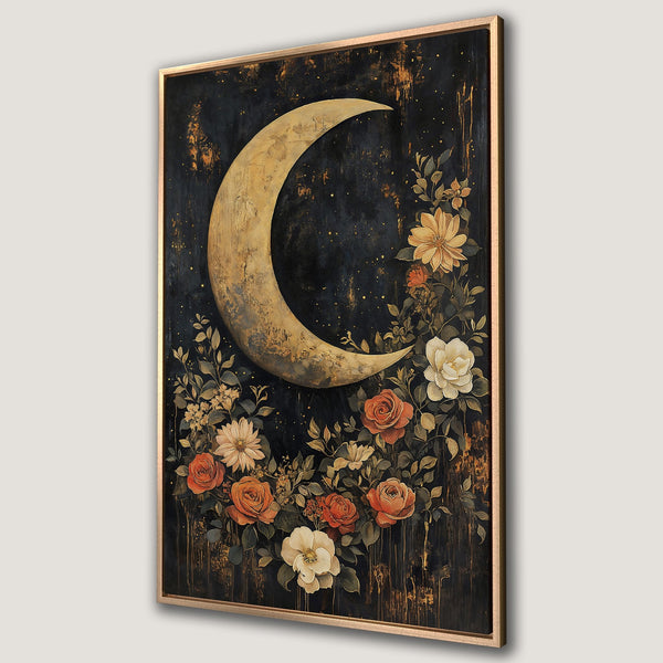 Framed Wall Art featuring a crescent moon and floral arrangement in a vintage style, with a dark, moody color palette of gold, black, and orange.
