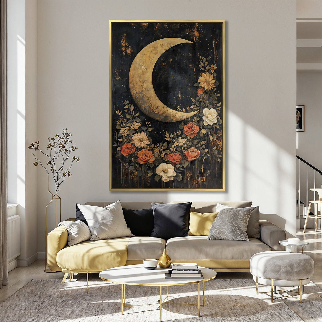 Canvas Print featuring a celestial moon and floral design in warm, earthy tones. Perfect for adding a touch of bohemian elegance to your space.