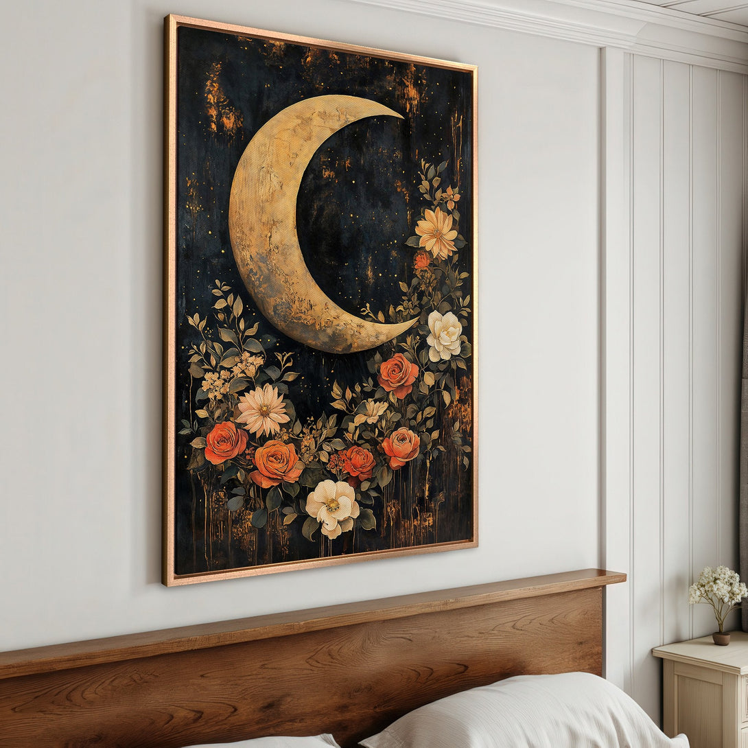 Framed Wall Art: Celestial moon and floral canvas print. Dark, moody style with warm orange, gold, and black color palette. Perfect for bedroom decor.