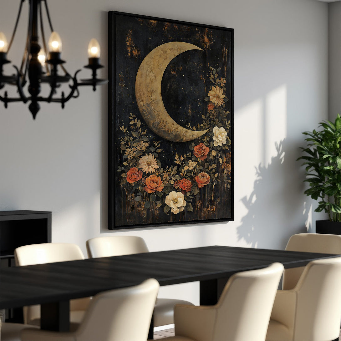 Framed Wall Art featuring a celestial moon and floral design in a dark, moody palette of black, gold, and orange. Perfect for adding elegance to any space.