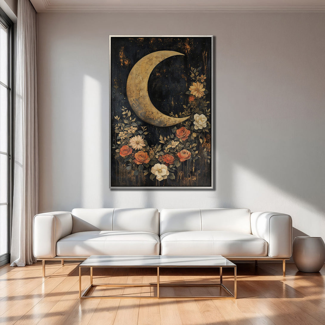 Framed Wall Art: Celestial moon and floral art print in warm gold, orange, and black. Perfect for modern interior decor.