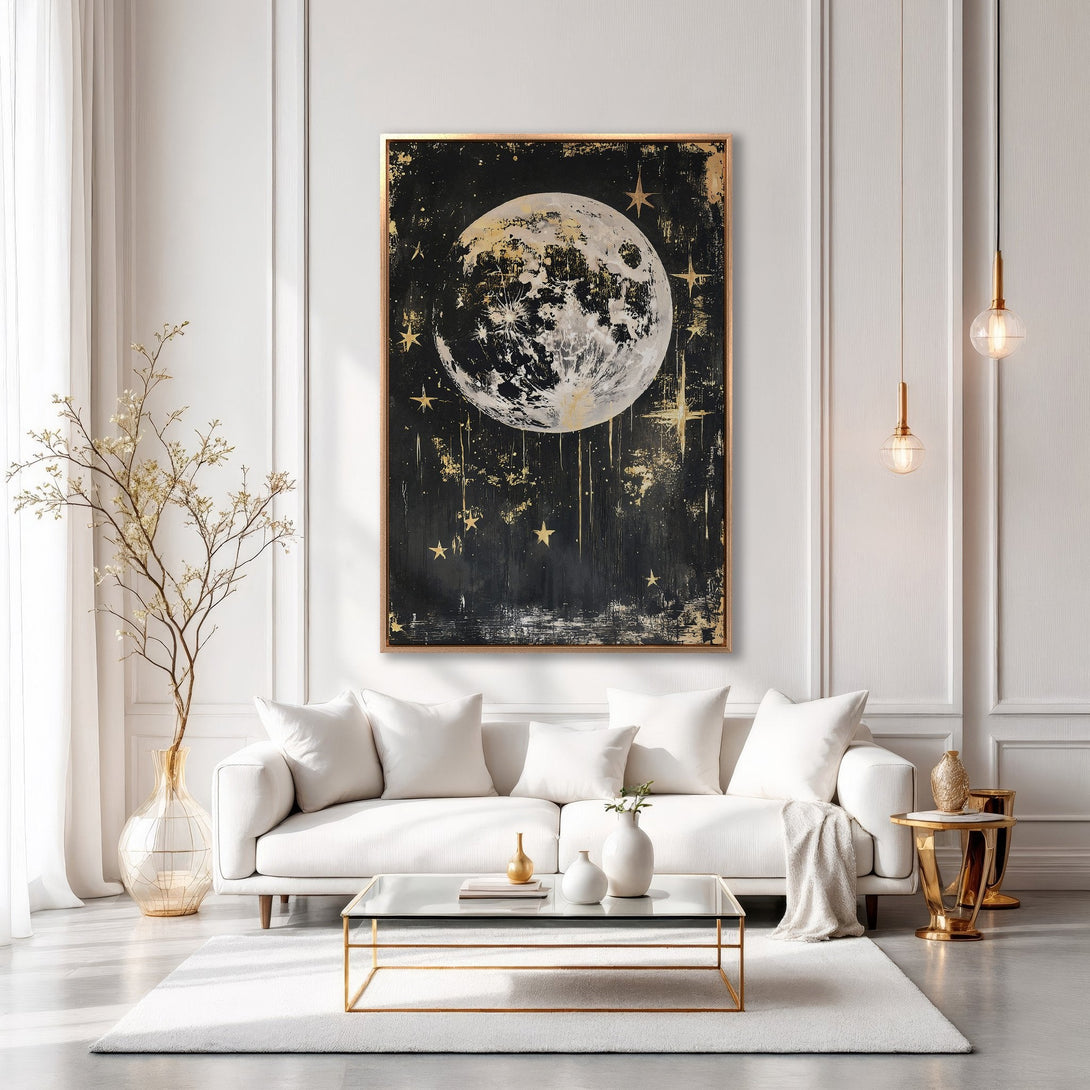 Framed Wall Art: Abstract moon and stars painting in gold and black, adding a touch of celestial elegance to a modern living room.