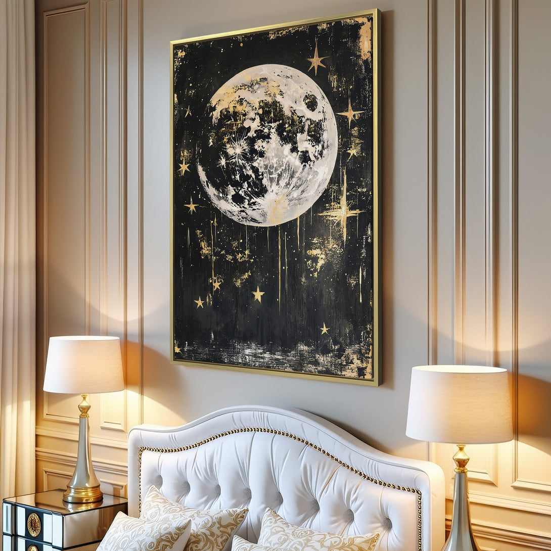 Canvas Print: Abstract moon and stars art in black, gold, and white. Modern wall decor for living room or bedroom.