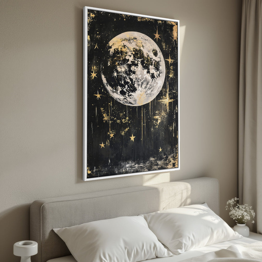 Framed Wall Art: Celestial moon and stars in black, gold, and white. Modern art canvas print perfect for bedroom decor. Shop now!
