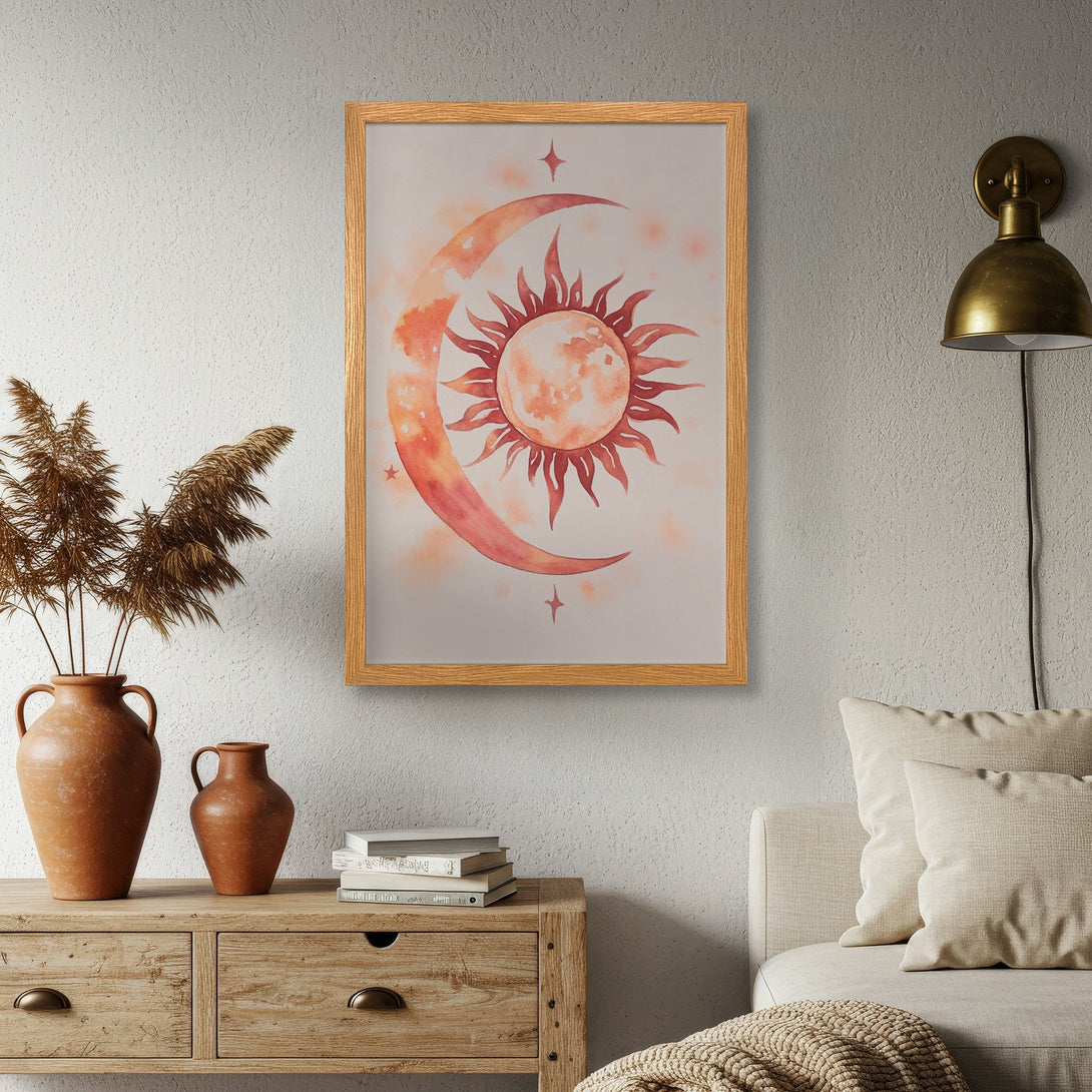 Framed Poster featuring a sun and moon watercolor design in warm orange tones. Perfect wall art for boho decor.