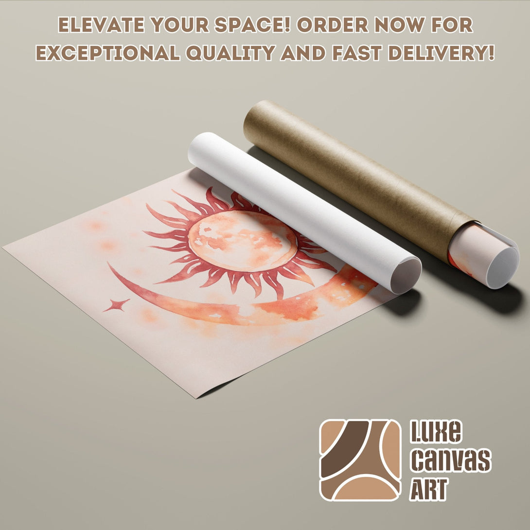 Poster Roll featuring a watercolor sun and moon design in warm, earthy tones. Perfect art for your space!