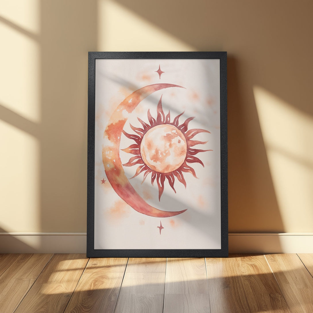 Framed Poster featuring a watercolor sun and moon design in warm, earthy tones. Perfect celestial art for your home!
