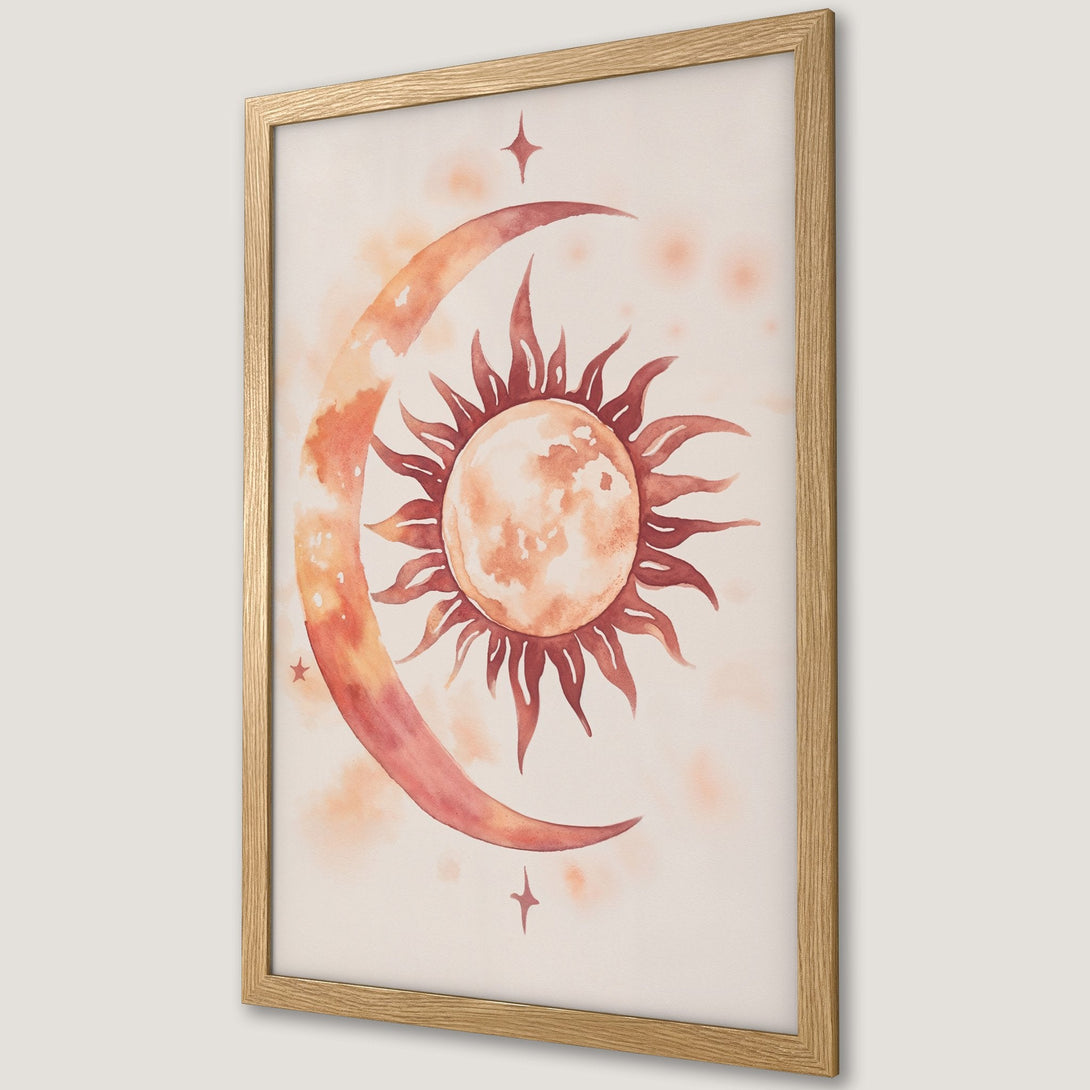 Framed Poster featuring a watercolor celestial design with sun and moon in warm orange tones. Perfect wall art!