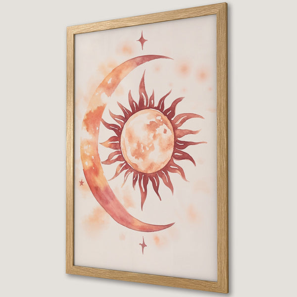 Framed Poster featuring a watercolor celestial design with sun and moon in warm orange tones. Perfect wall art!