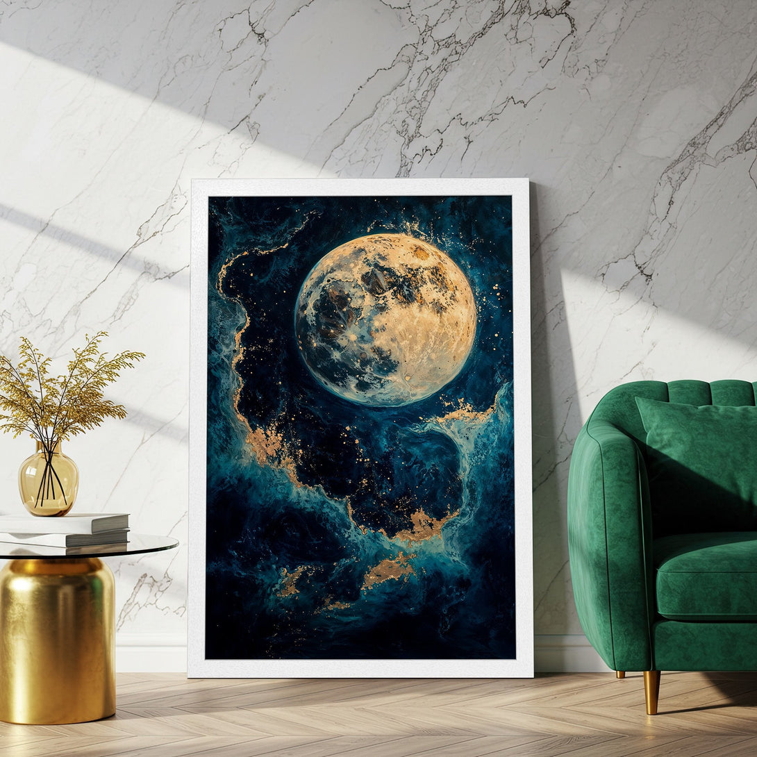 Framed Poster featuring a celestial moon with a dark blue and gold color palette. Perfect for home decor!