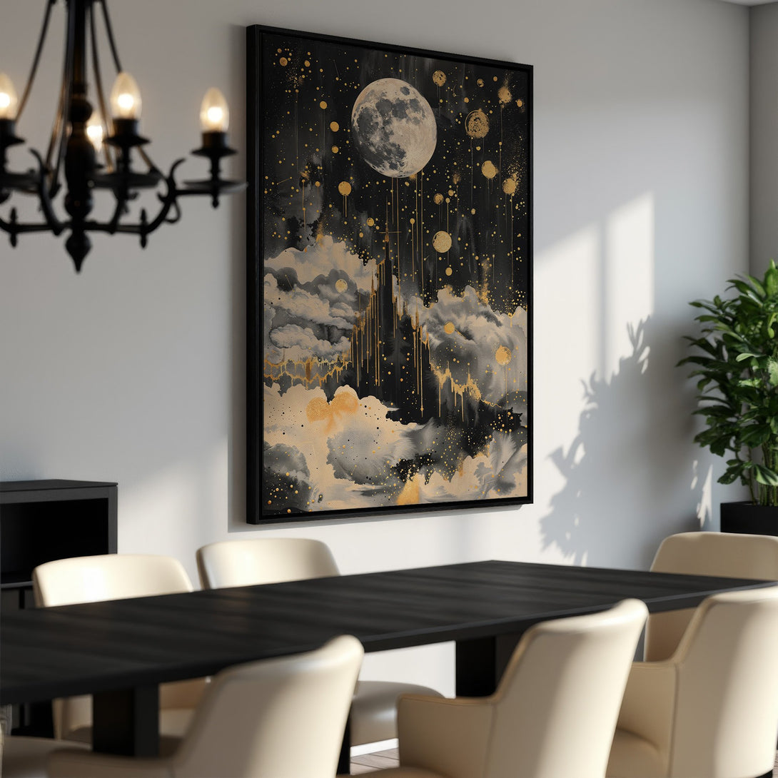 Framed Wall Art featuring a celestial moon and cloudscape in black, gold, and neutral tones. Modern abstract art for your home decor.
