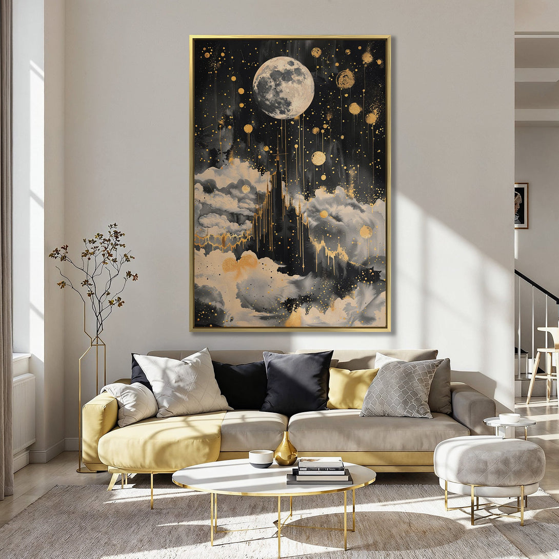 Canvas Print: Abstract moonlit night art with gold accents. Dramatic black, gold, and gray color palette. Perfect for adding a touch of magic to your home.