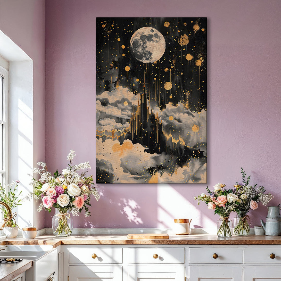 Framed Wall Art featuring a celestial moon and gold accents. Modern abstract style in a black, gray, and gold color palette, perfect for living room decor.