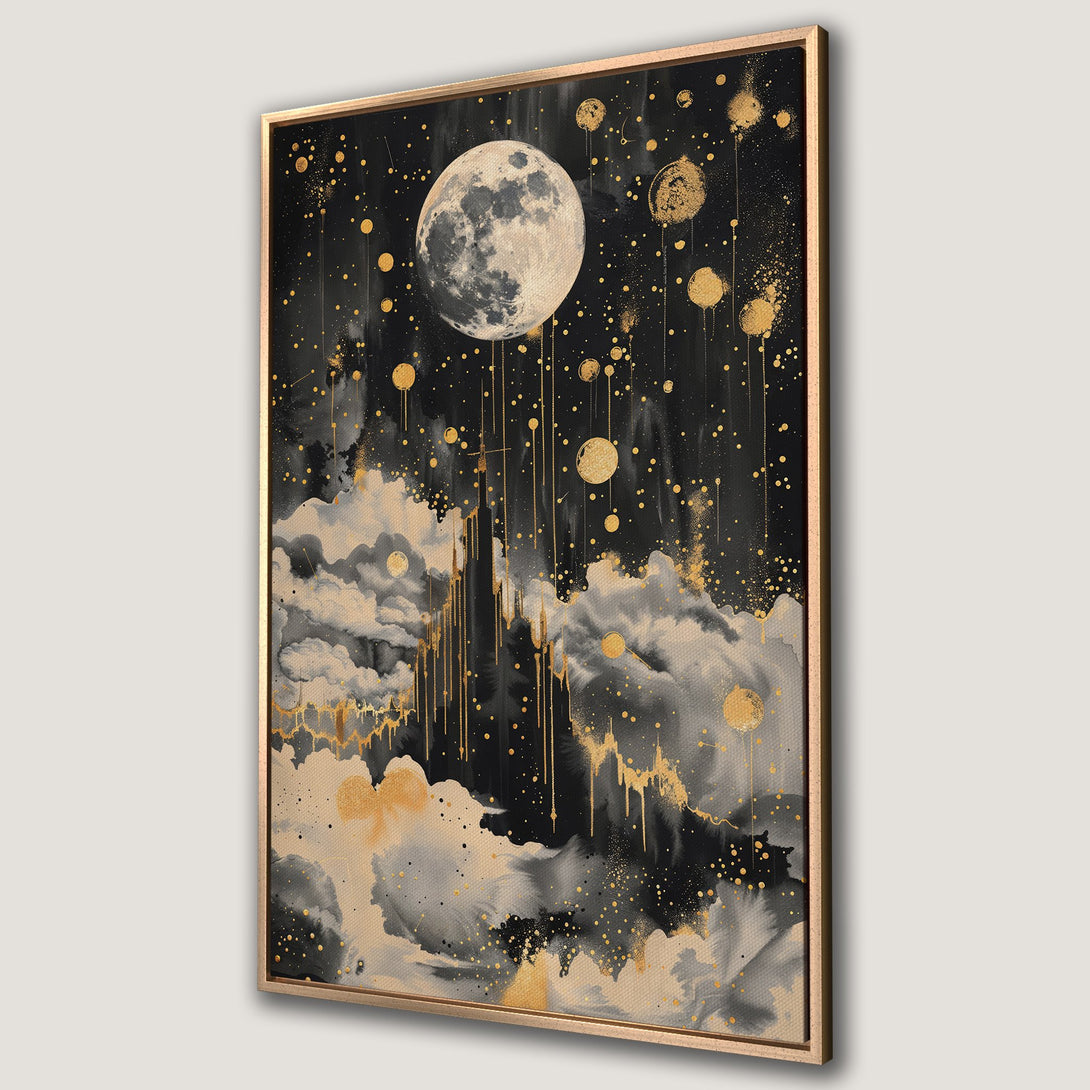 Framed Wall Art: Abstract moon and cloud canvas print in black, gold, and gray. Modern art decor for living room or bedroom. Celestial design.