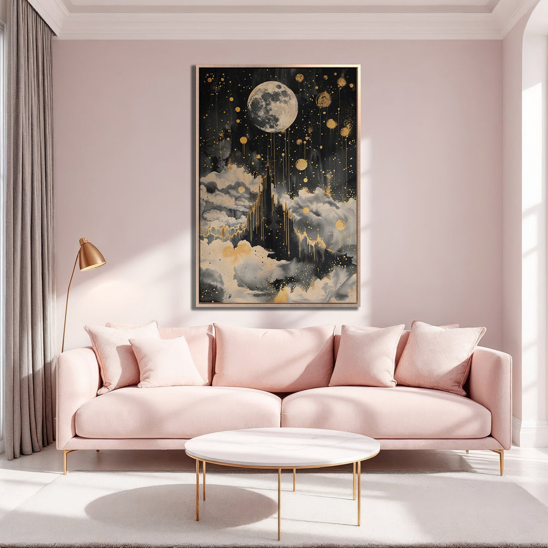 Framed Wall Art featuring a celestial night scene with a moon and gold accents. Modern style, showcased in a blush pink interior. Enhance your space with this art!