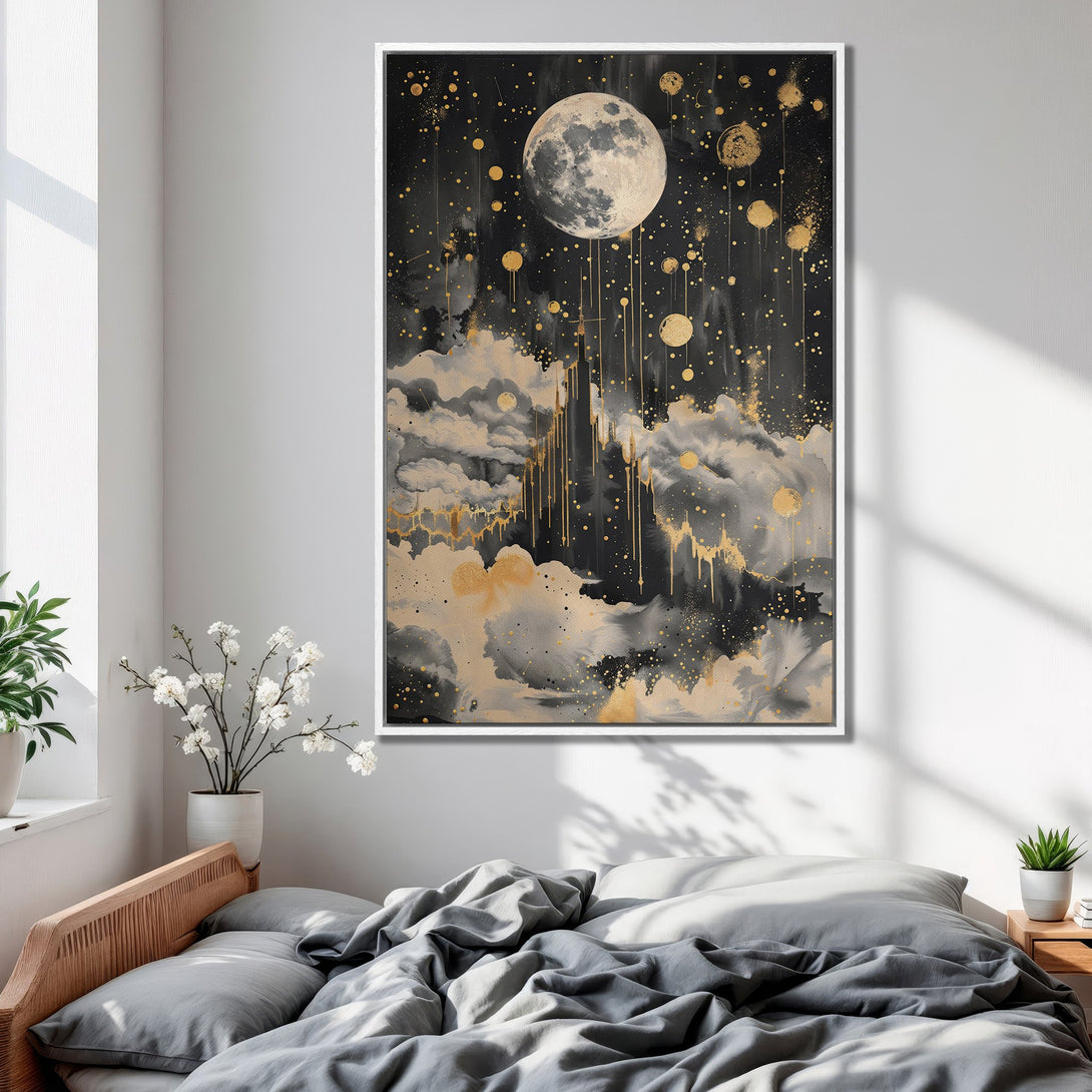 Framed Wall Art featuring a celestial moon and gold accents. Modern abstract style with a black, gray, and gold color palette, perfect for bedroom decor.