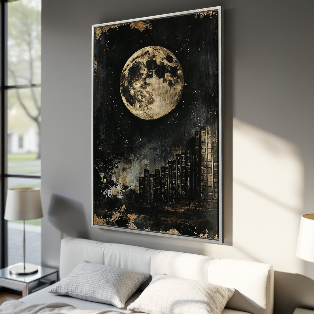 Framed Wall Art: Abstract moon art in black & gold. Modern canvas print adds a touch of celestial elegance to any bedroom or living space. Shop now!