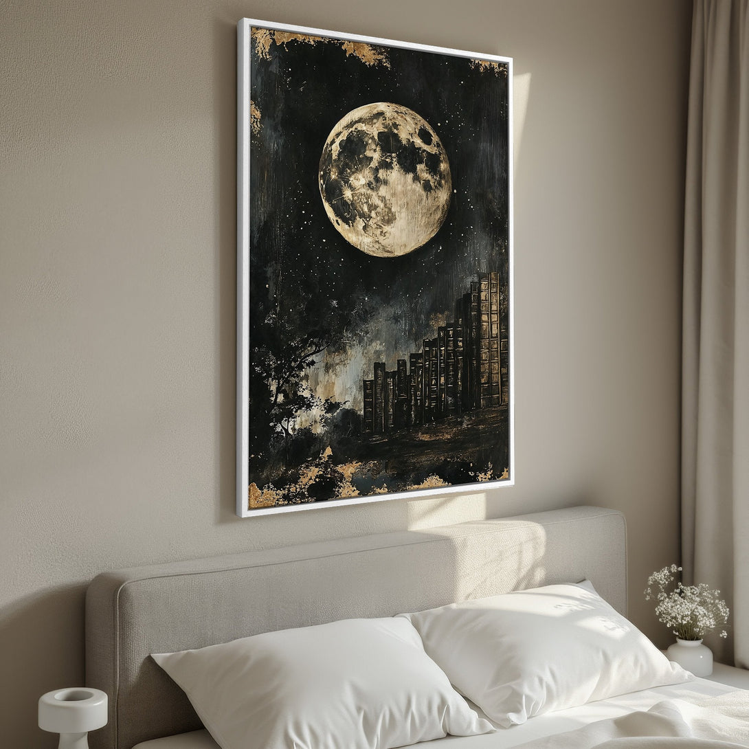 Framed Wall Art: Stunning moonlit cityscape art print in a dark, moody color palette with gold accents. Perfect for adding a touch of elegance to your bedroom decor.