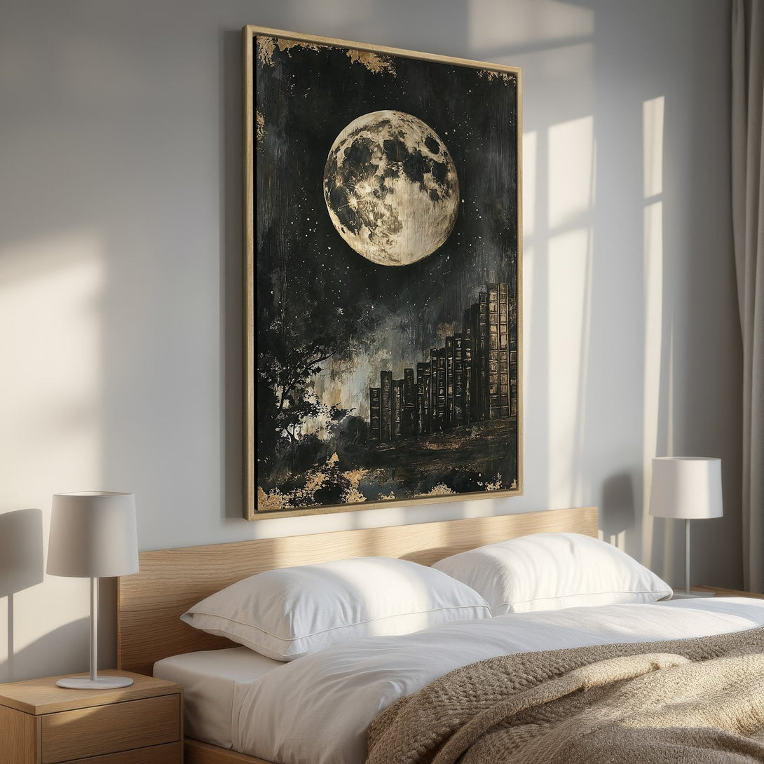 Framed Wall Art: Stunning moonlit cityscape canvas print. Dark, dramatic art with gold accents. Perfect bedroom decor!