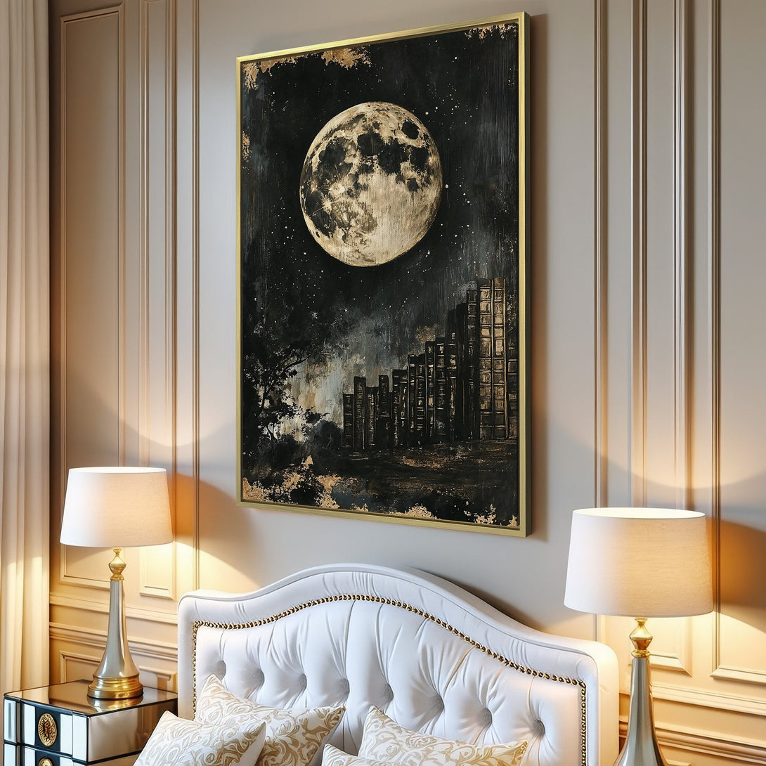 Canvas Print featuring a stunning moonlit night scene. Dark, moody artwork with a celestial theme, perfect for adding a touch of mystery to your decor.