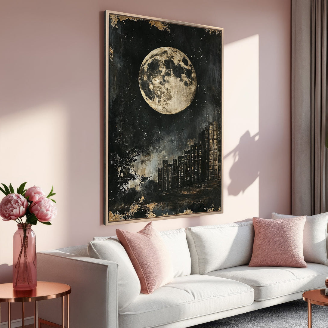 Framed Wall Art featuring a moonlit night scene. Modern art with a dark, moody palette of black, gold, and pink. Perfect for adding a touch of elegance.