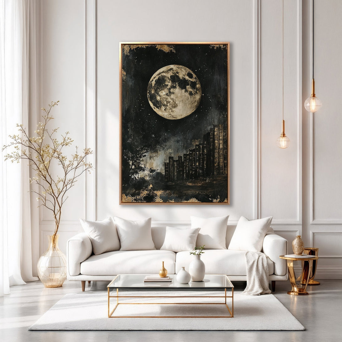 Framed Wall Art featuring a dramatic moonlit scene in black & gold. Enhance your space with this stunning, modern canvas print.