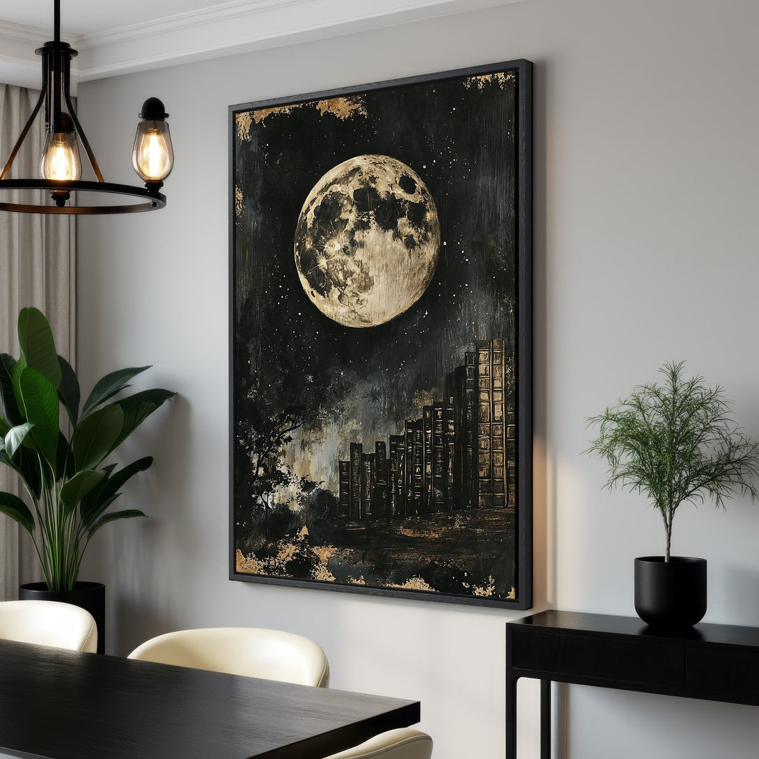 Framed Wall Art featuring a celestial moon over a cityscape, in a dark, moody palette with gold accents. Perfect for adding artistic flair to your space.