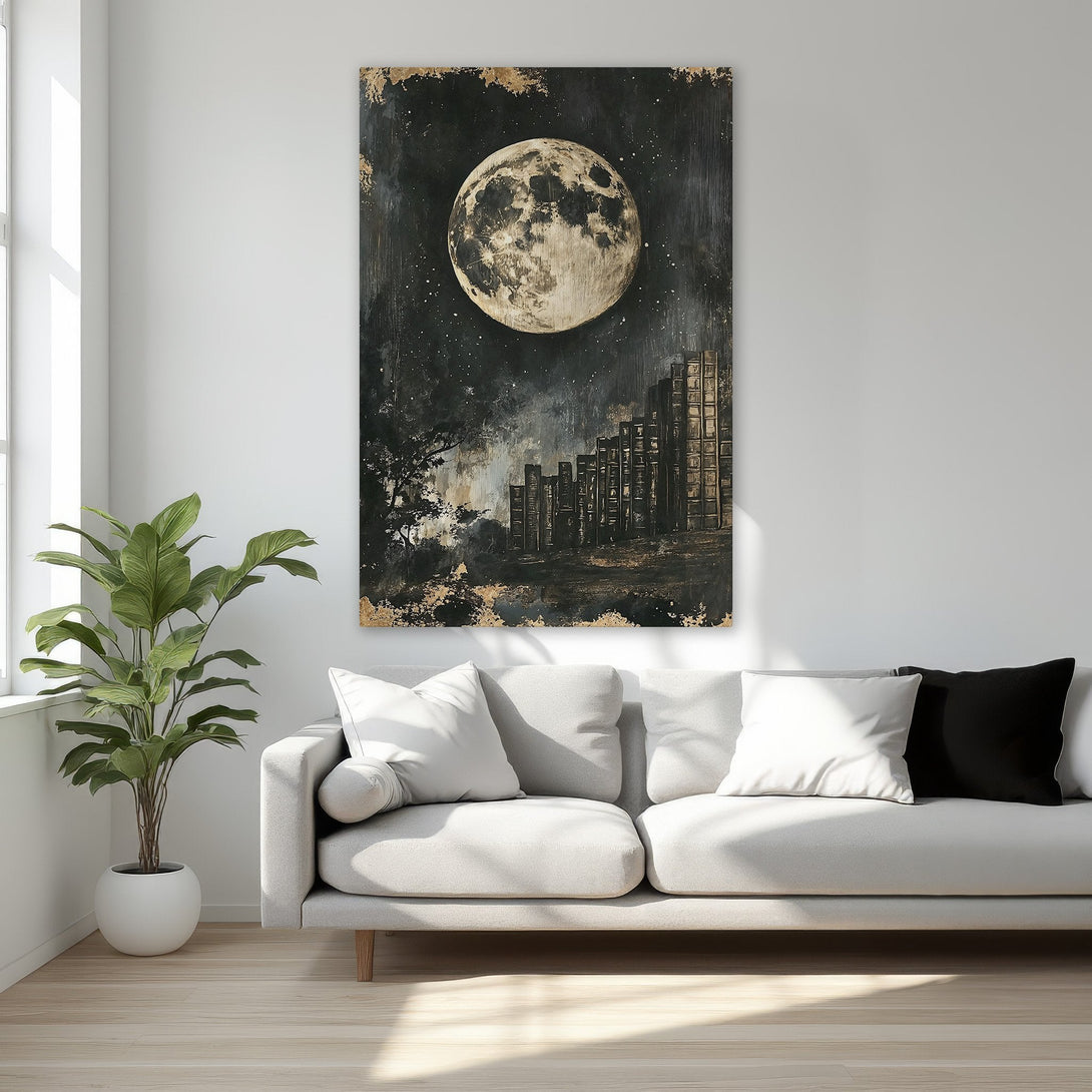 Framed Wall Art: Moon and city silhouette canvas print in a bedroom. Dramatic black, gold, and neutral color palette. Perfect for modern decor.